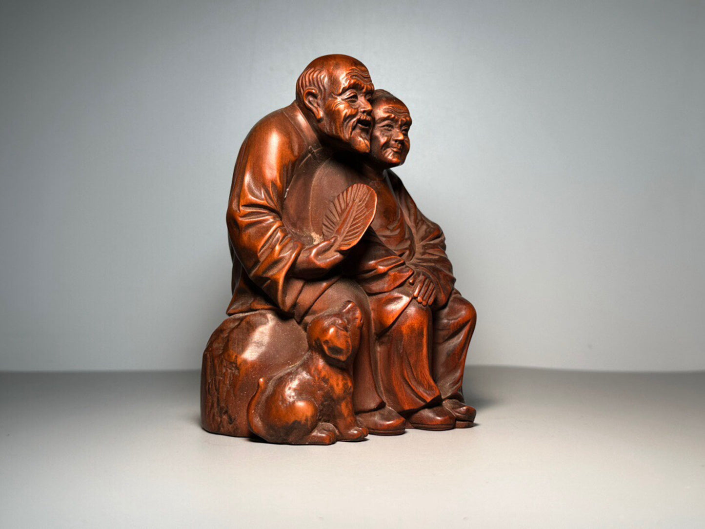 Chinese antique boxwood carving of an old man and wife