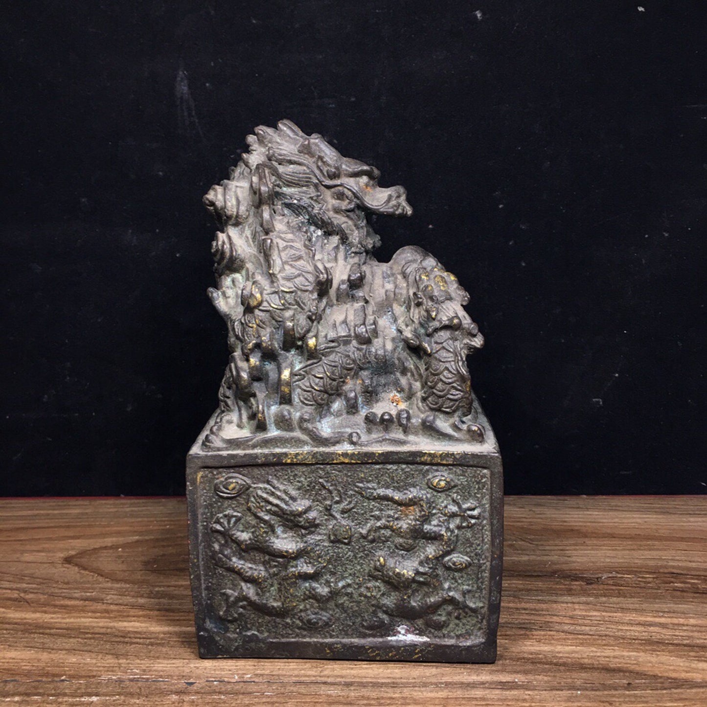 Chinese antique pure copper water dragon golden seal ornament