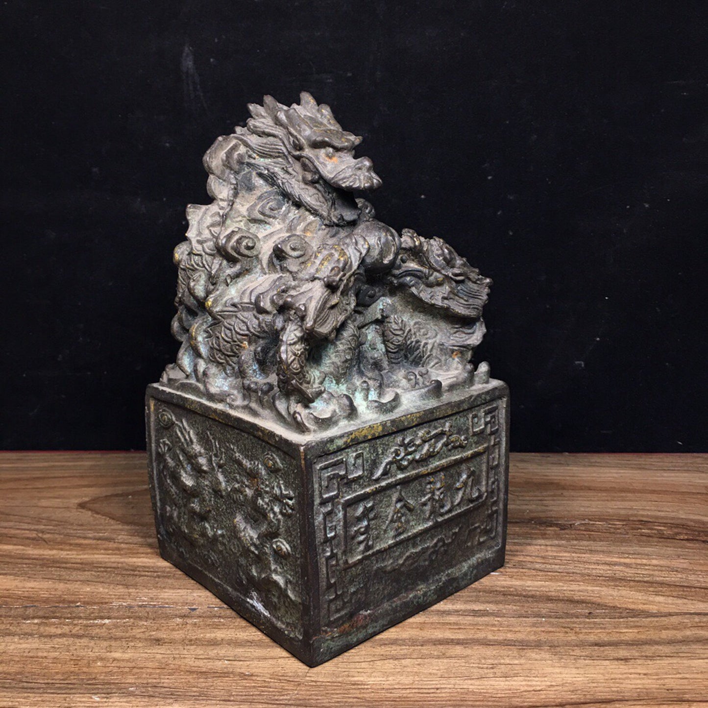 Chinese antique pure copper water dragon golden seal ornament