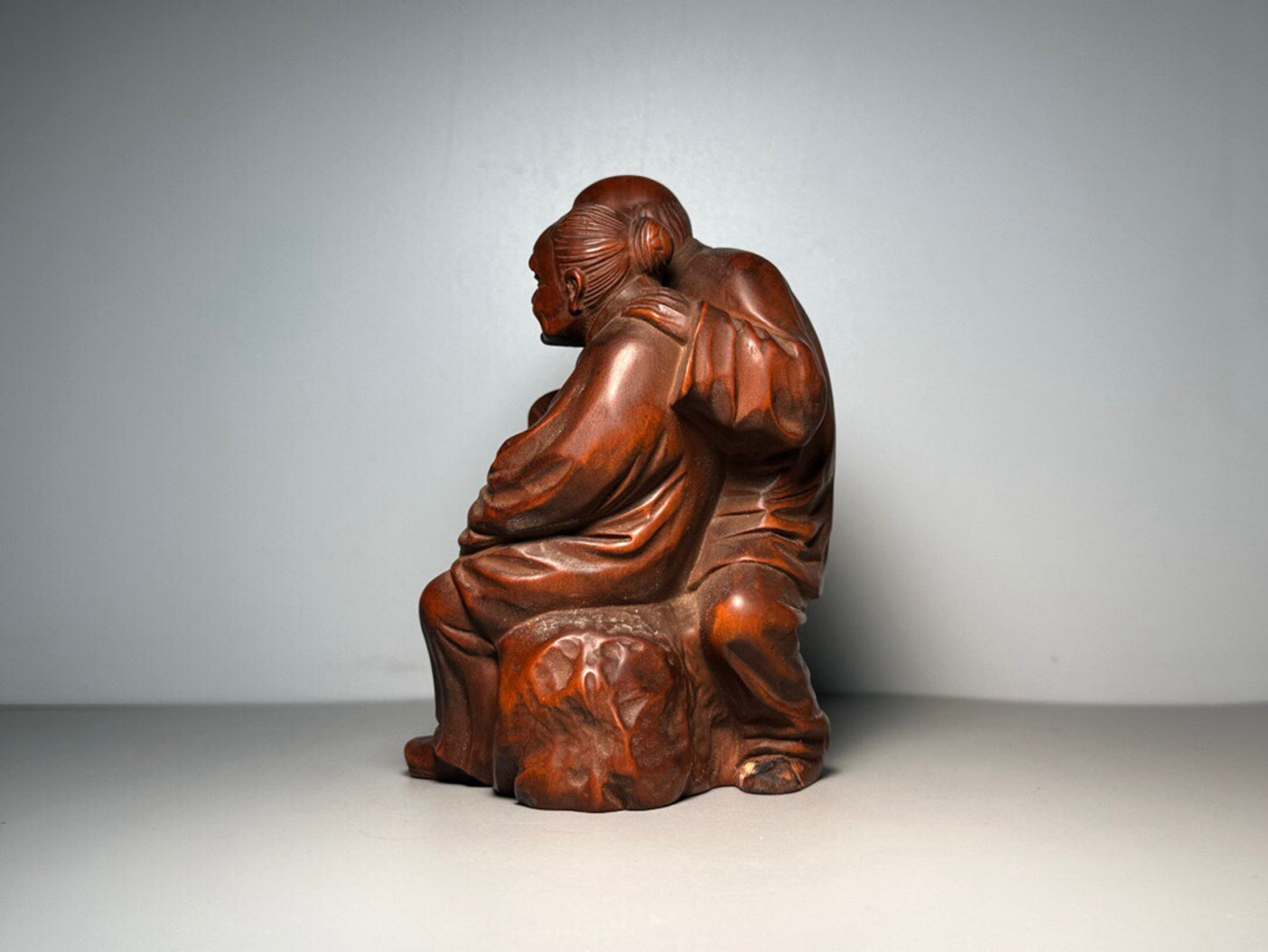 Chinese antique boxwood carving of an old man and wife