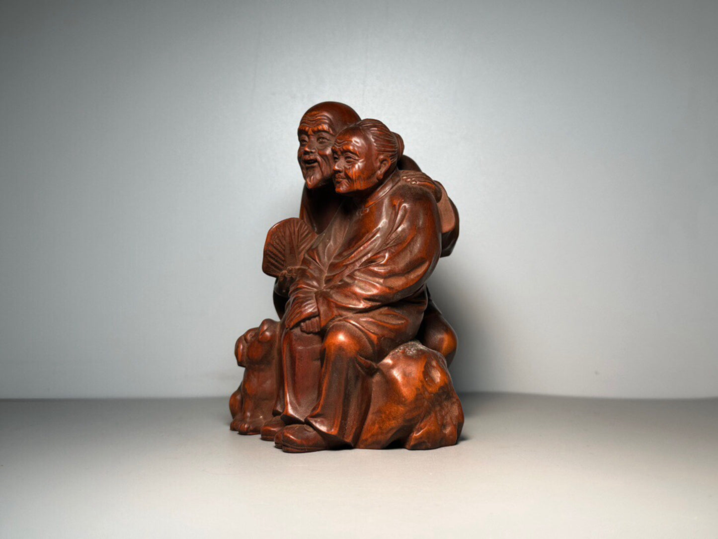 Chinese antique boxwood carving of an old man and wife