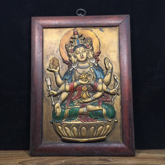 Chinese antique pure copper relief three sided six armed thangka