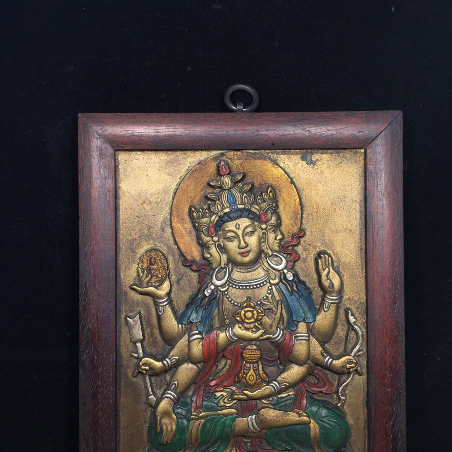 Chinese antique pure copper relief three sided six armed thangka