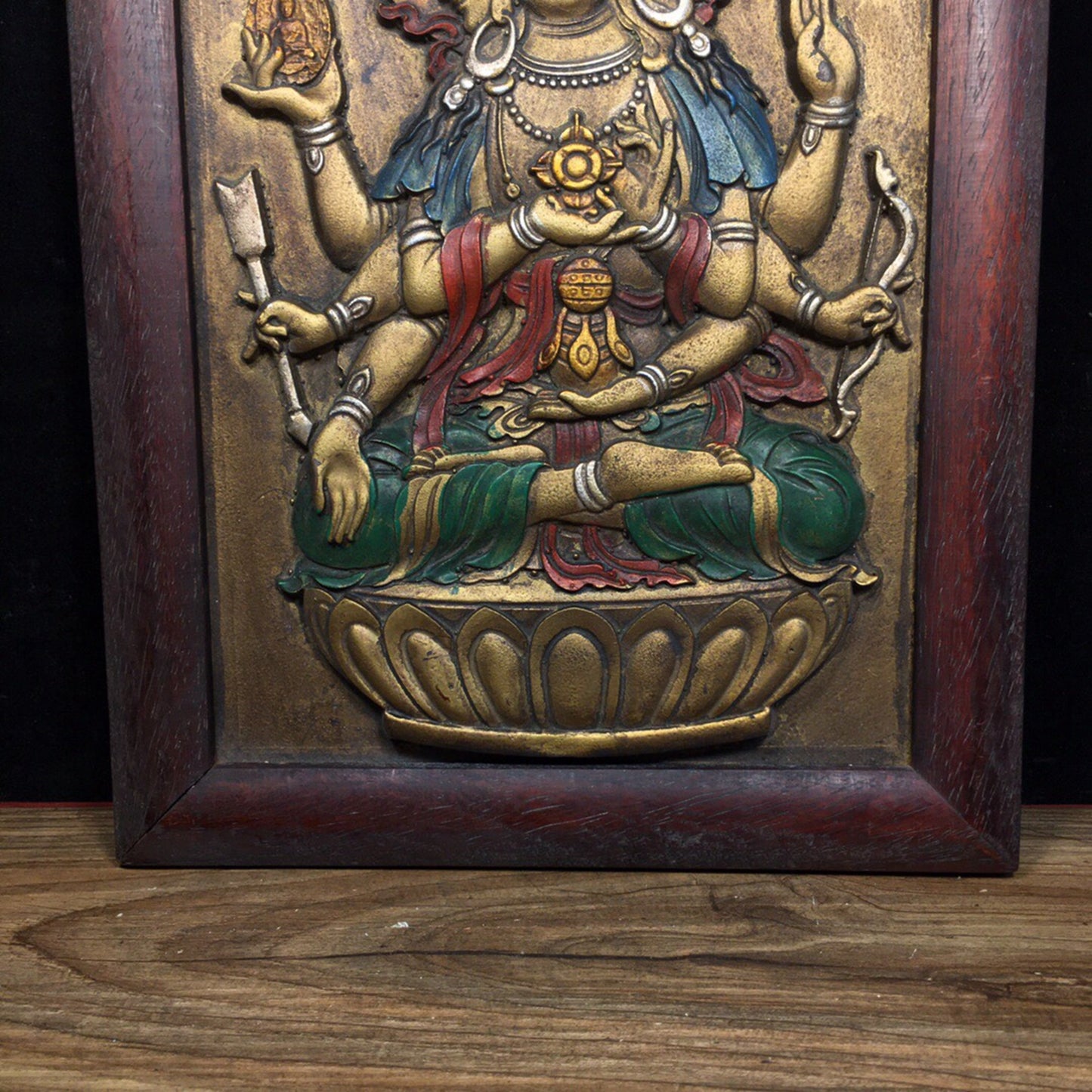Chinese antique pure copper relief three sided six armed thangka