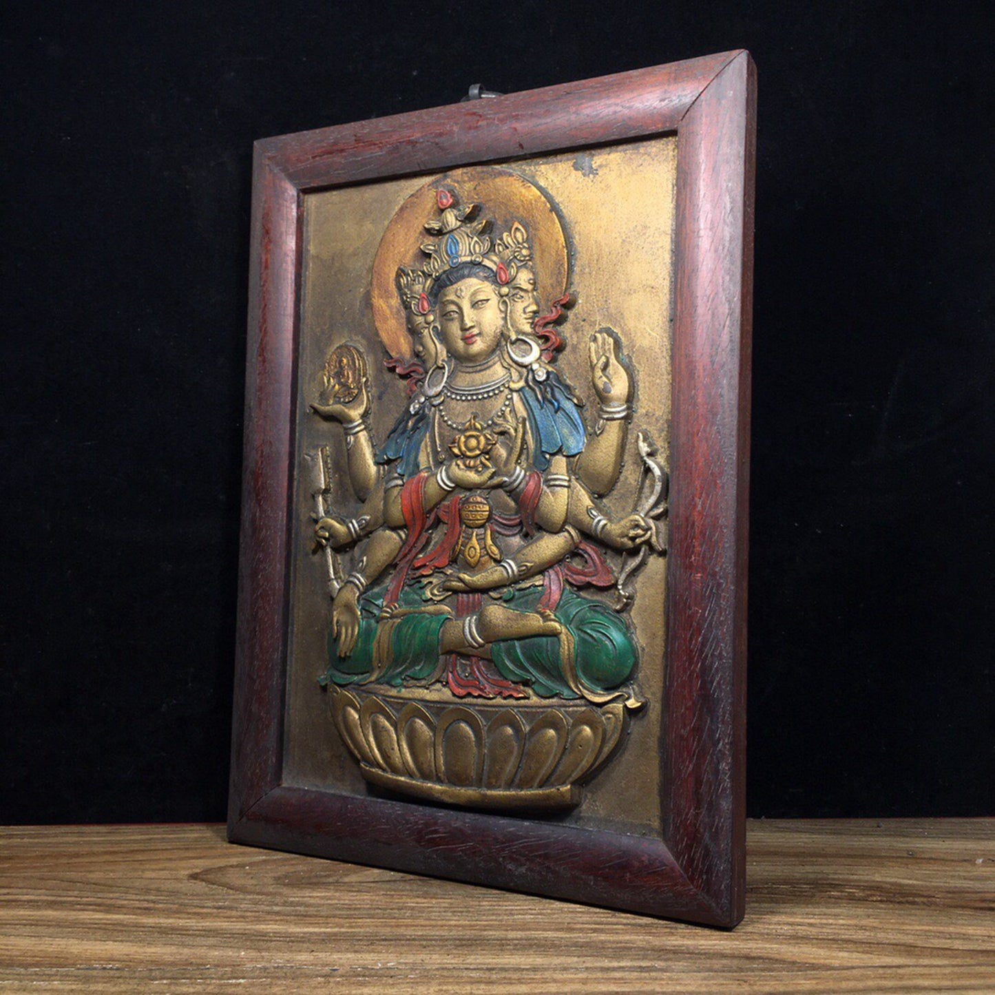 Chinese antique pure copper relief three sided six armed thangka