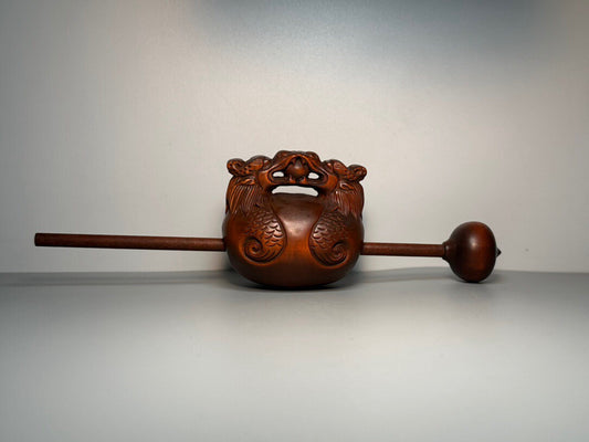 Chinese antique boxwood carving with double dragons playing with pearls and wooden fish