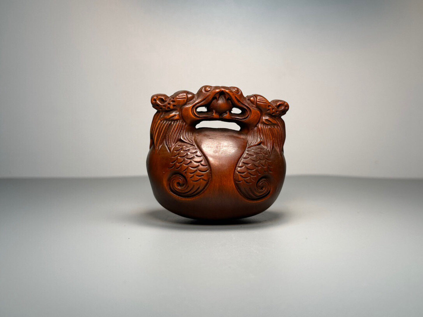 Chinese antique boxwood carving with double dragons playing with pearls and wooden fish