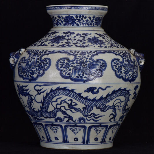 Chinese antique blue and white dragon patterned double lion ear pan jar