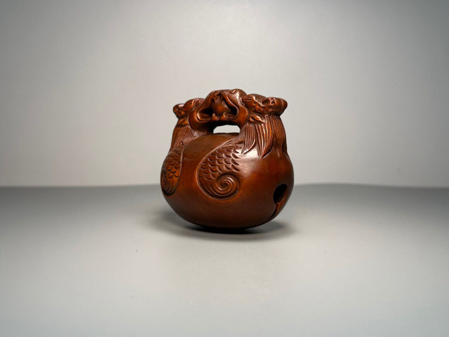 Chinese antique boxwood carving with double dragons playing with pearls and wooden fish