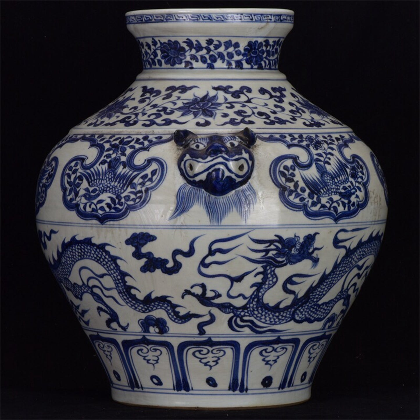 Chinese antique blue and white dragon patterned double lion ear pan jar
