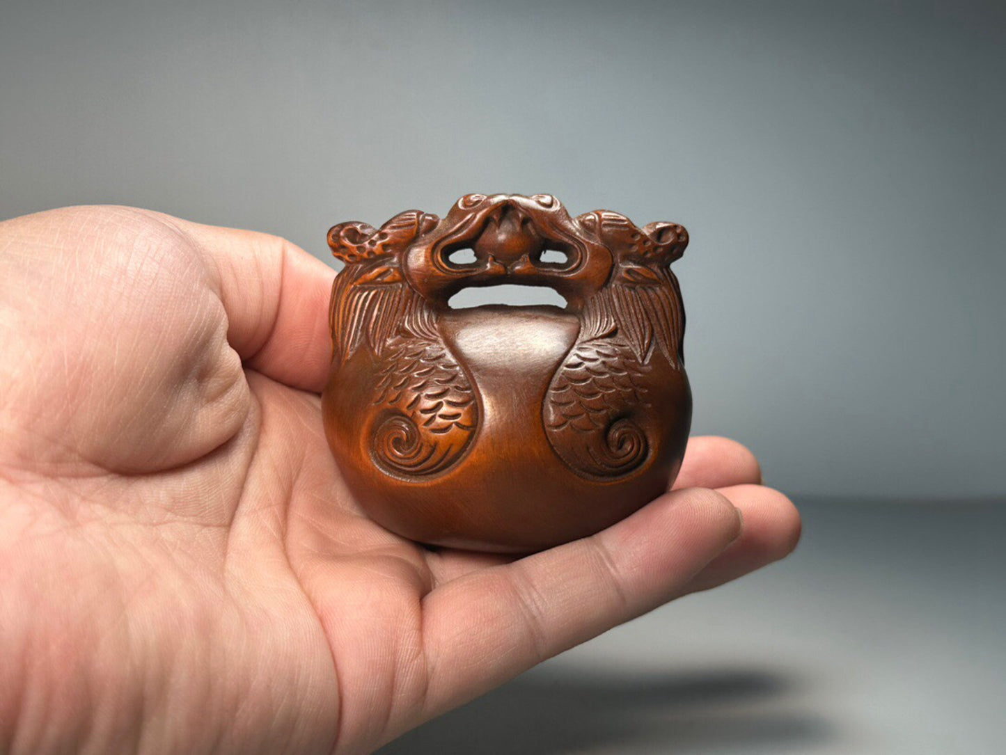 Chinese antique boxwood carving with double dragons playing with pearls and wooden fish