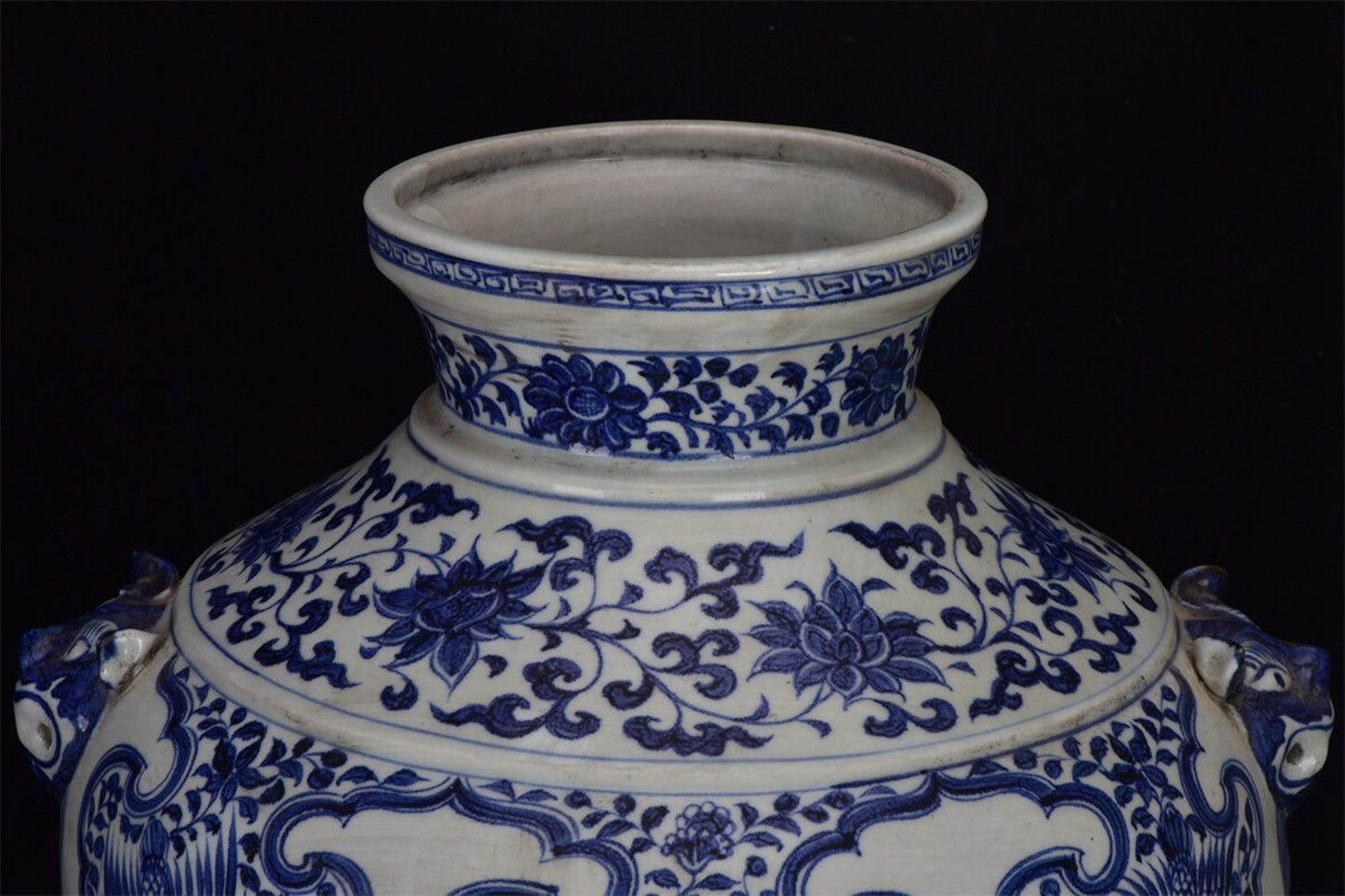 Chinese antique blue and white dragon patterned double lion ear pan jar