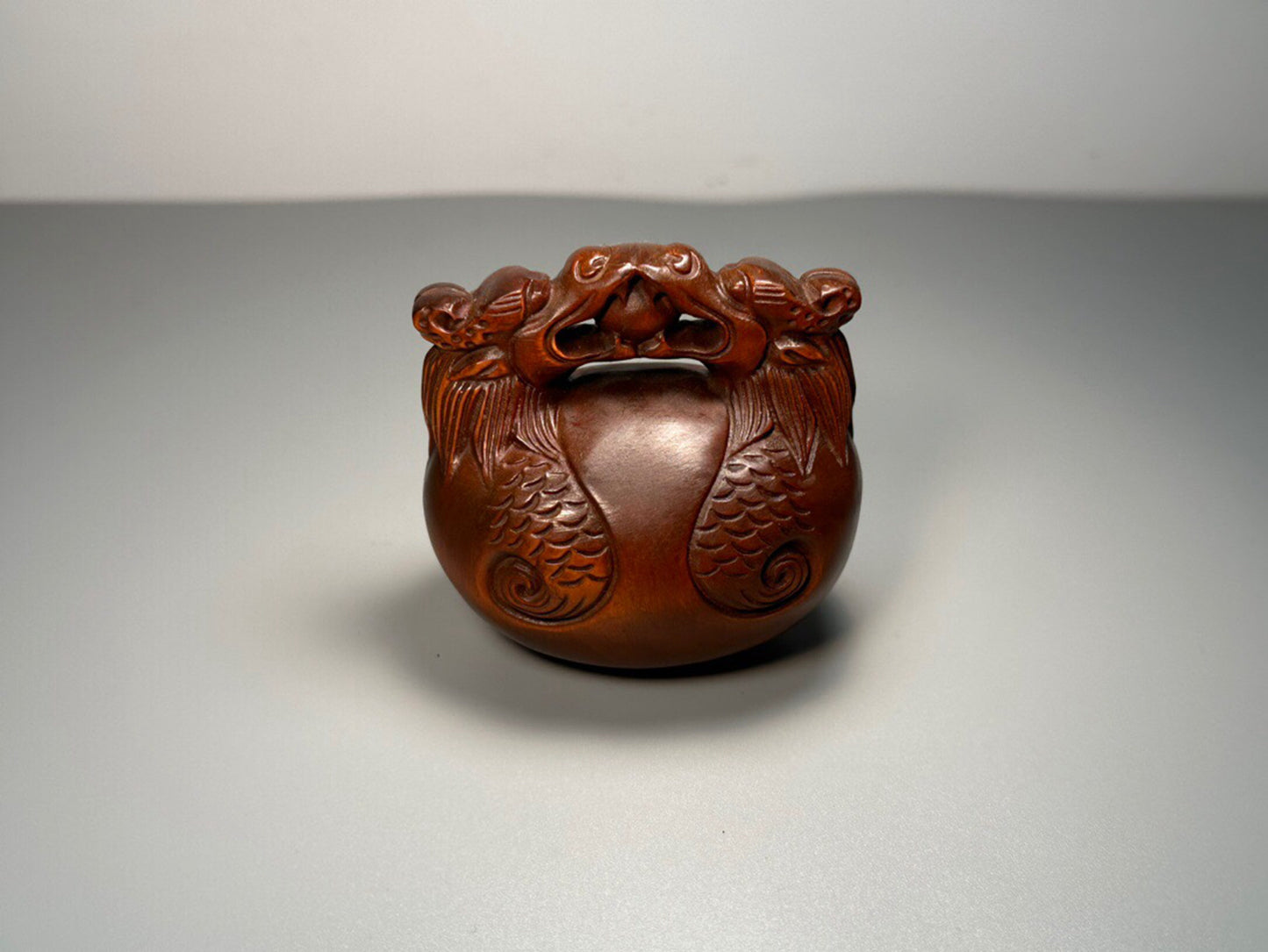 Chinese antique boxwood carving with double dragons playing with pearls and wooden fish