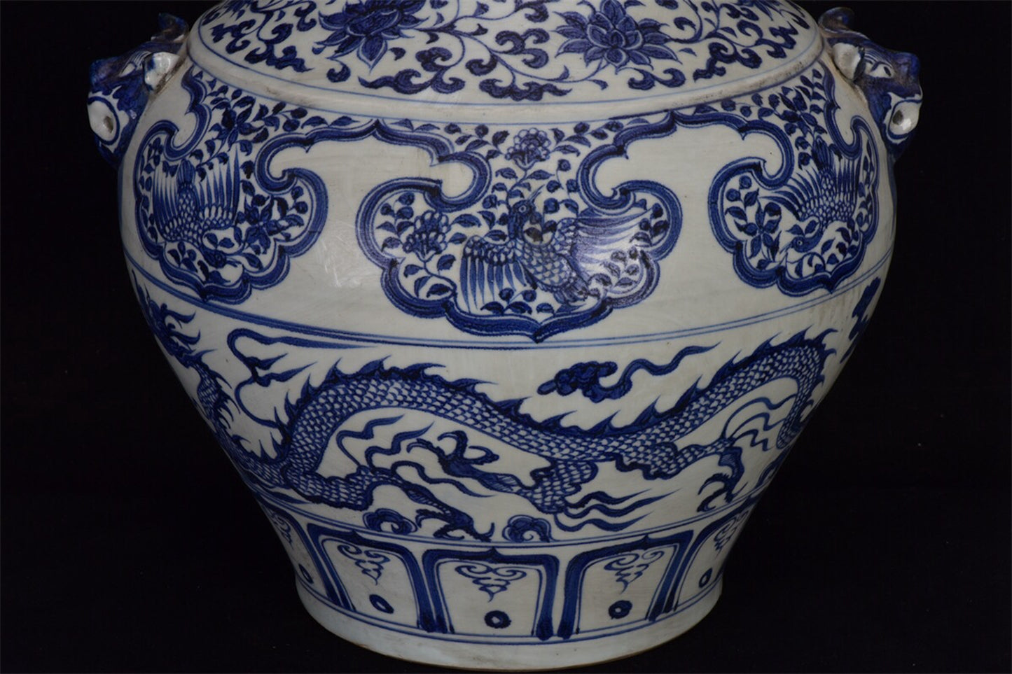 Chinese antique blue and white dragon patterned double lion ear pan jar