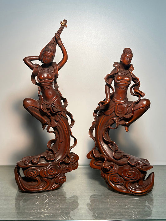 Chinese antique boxwood carving pairs Dunhuang Flying Apsaras