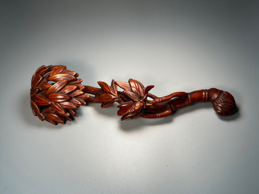 Chinese antique boxwood carving with bamboo leaves, Ruyi