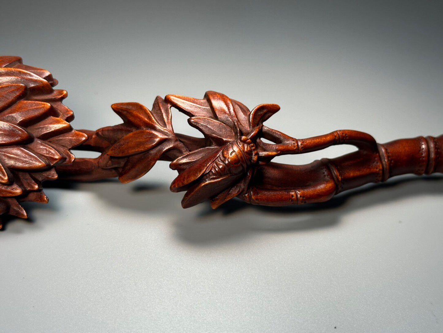 Chinese antique boxwood carving with bamboo leaves, Ruyi