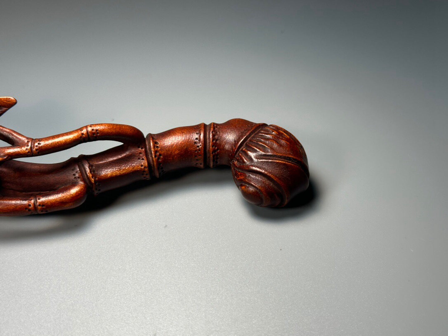 Chinese antique boxwood carving with bamboo leaves, Ruyi