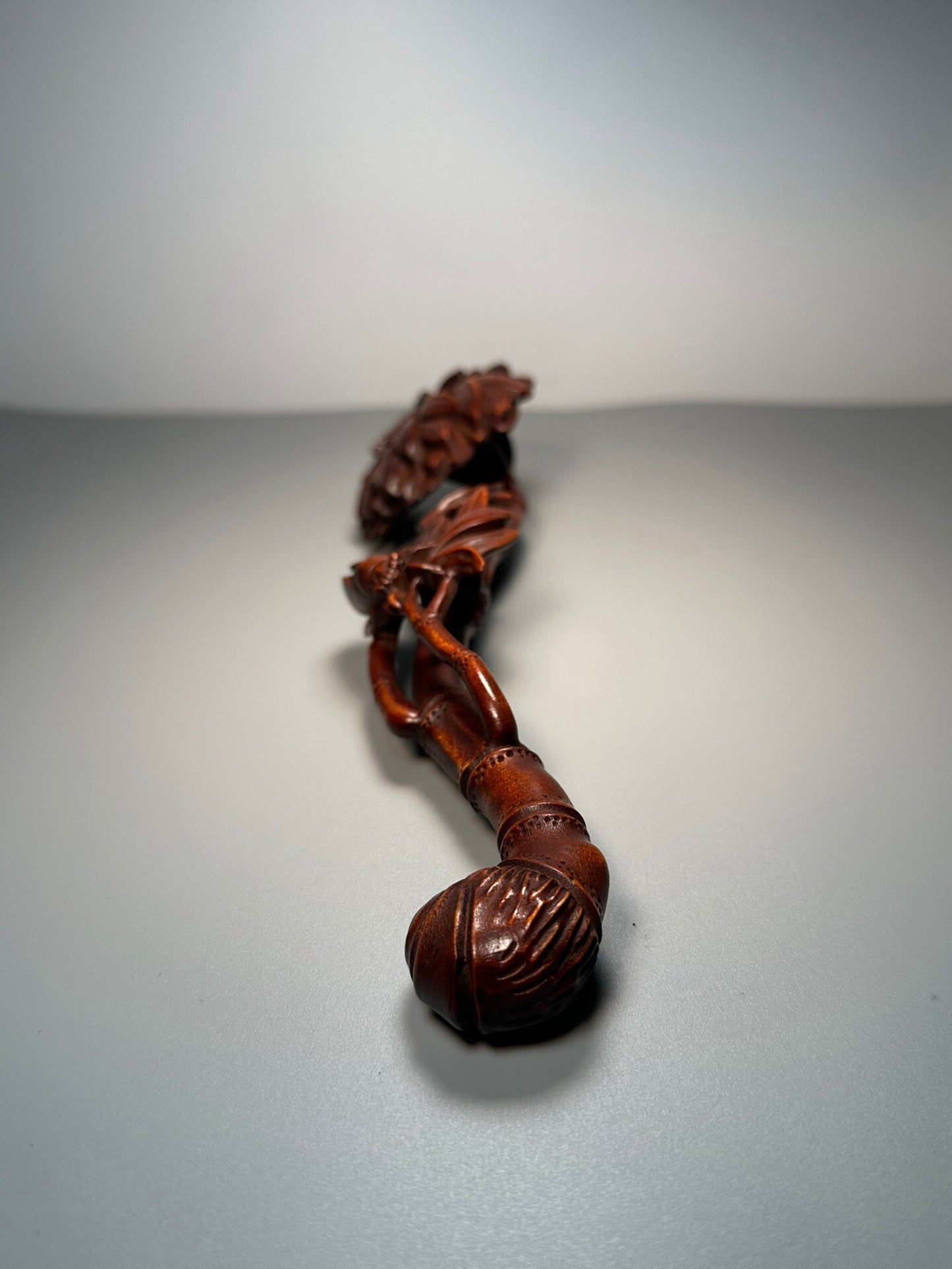 Chinese antique boxwood carving with bamboo leaves, Ruyi