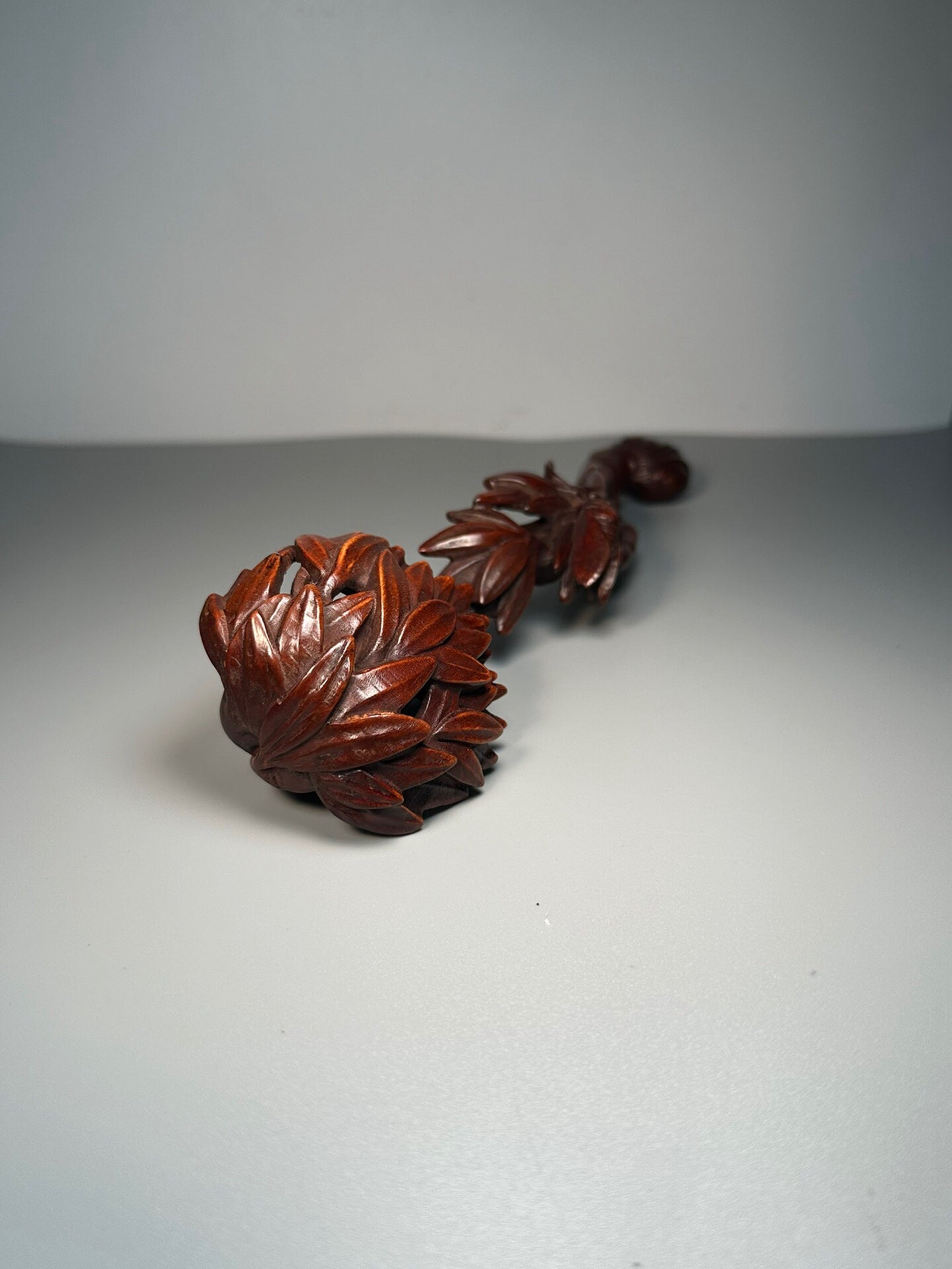 Chinese antique boxwood carving with bamboo leaves, Ruyi