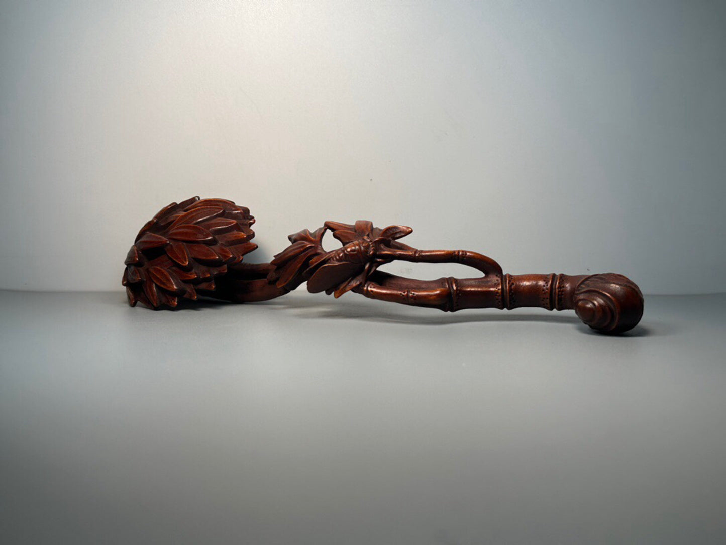 Chinese antique boxwood carving with bamboo leaves, Ruyi