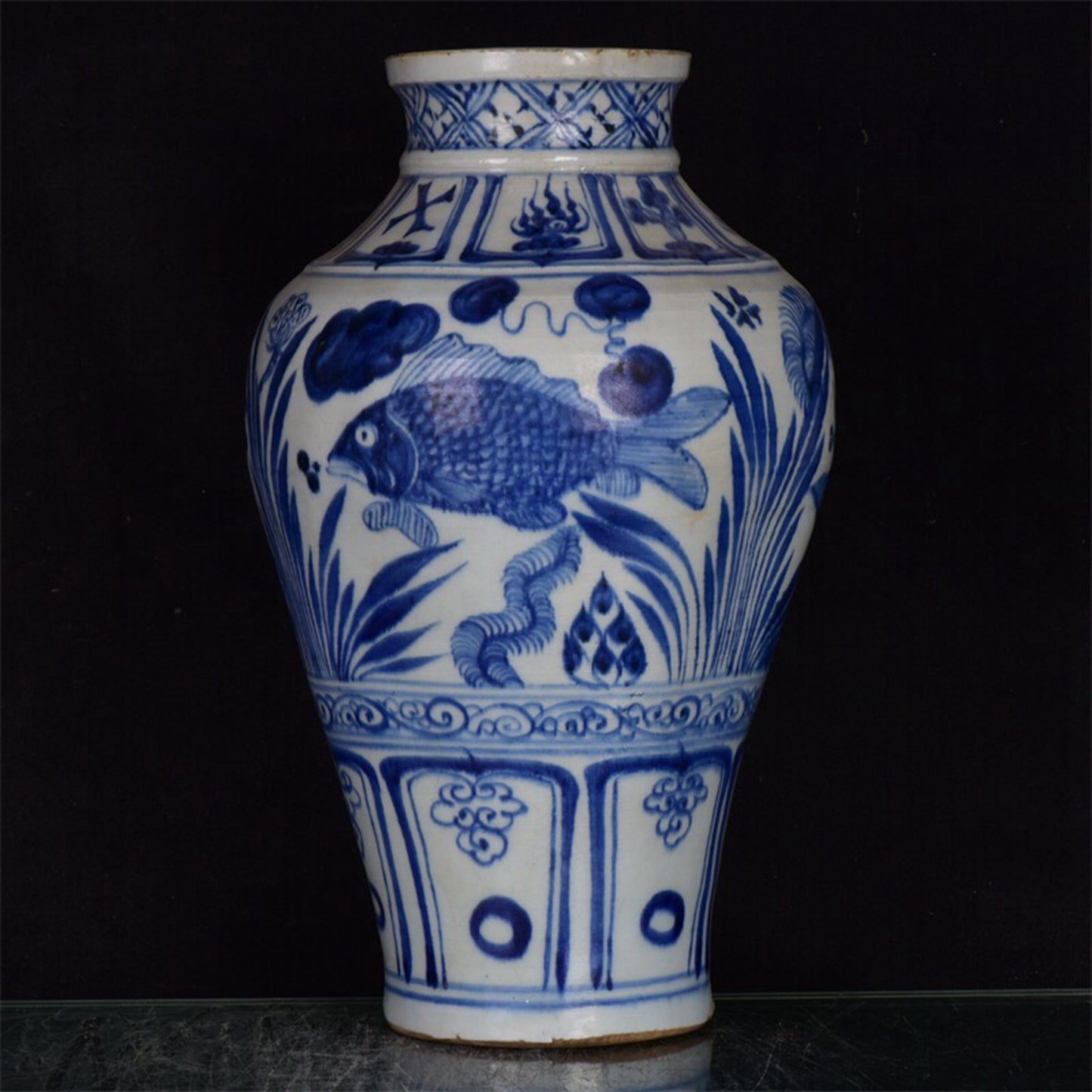Chinese antique blue and white fish and algae patterned pan mouth plum vase