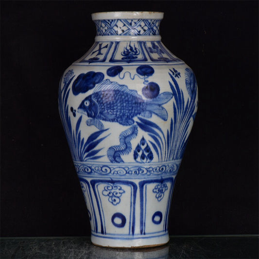 Chinese antique blue and white fish and algae patterned pan mouth plum vase