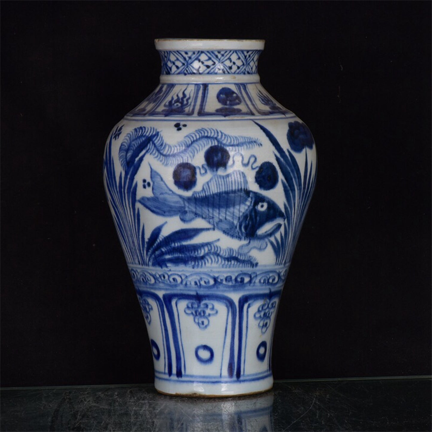 Chinese antique blue and white fish and algae patterned pan mouth plum vase