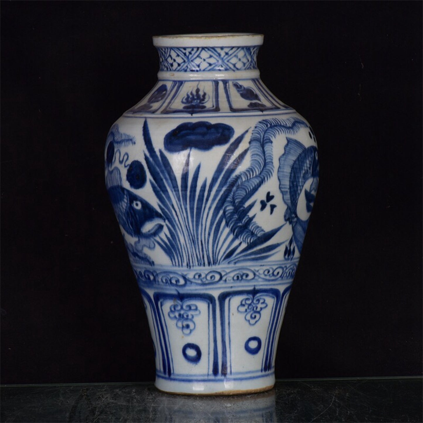 Chinese antique blue and white fish and algae patterned pan mouth plum vase