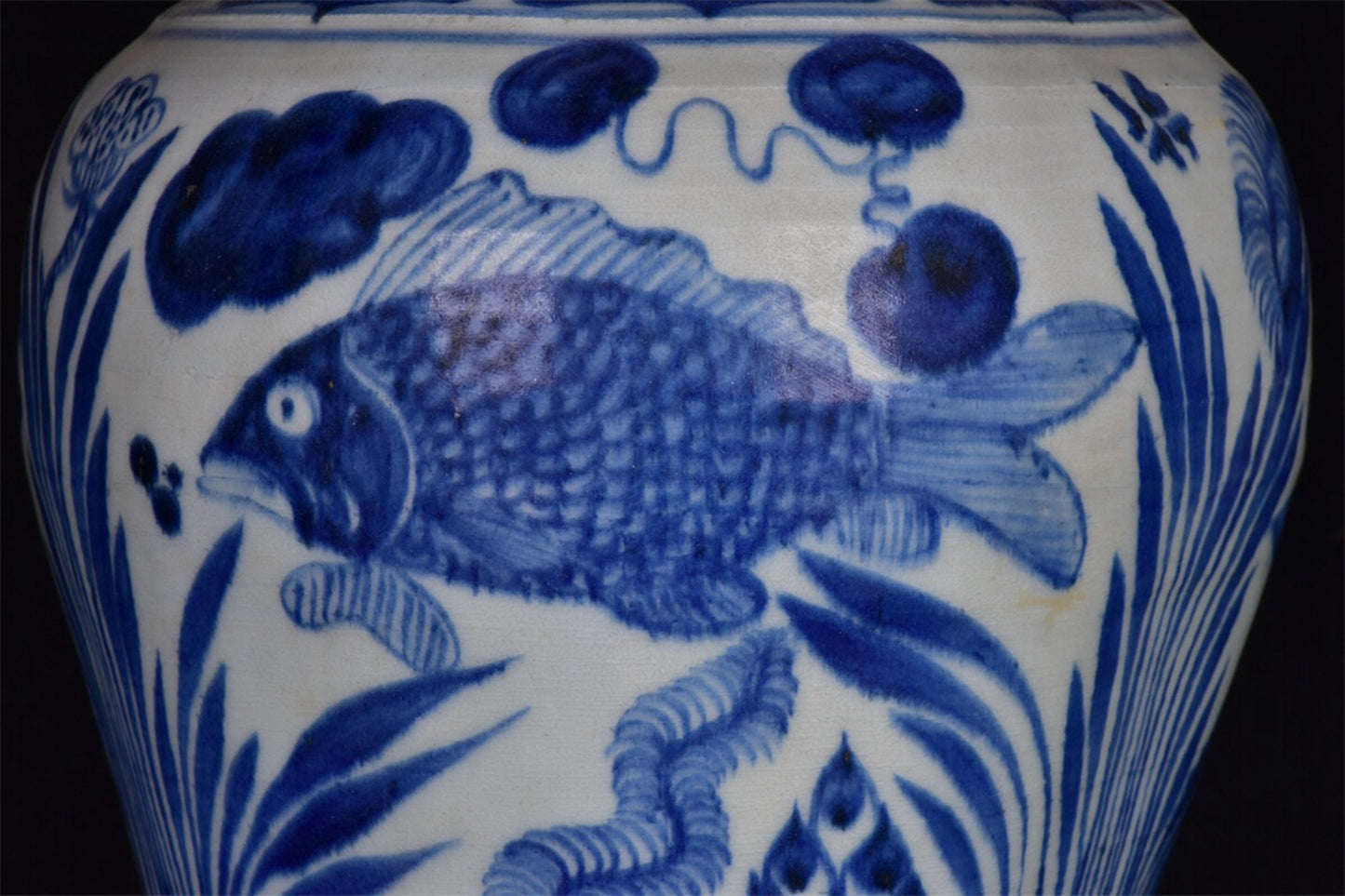 Chinese antique blue and white fish and algae patterned pan mouth plum vase