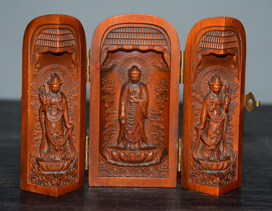 Chinese Antique Huangyangmu Western Three Saints Three Open Box Decoration