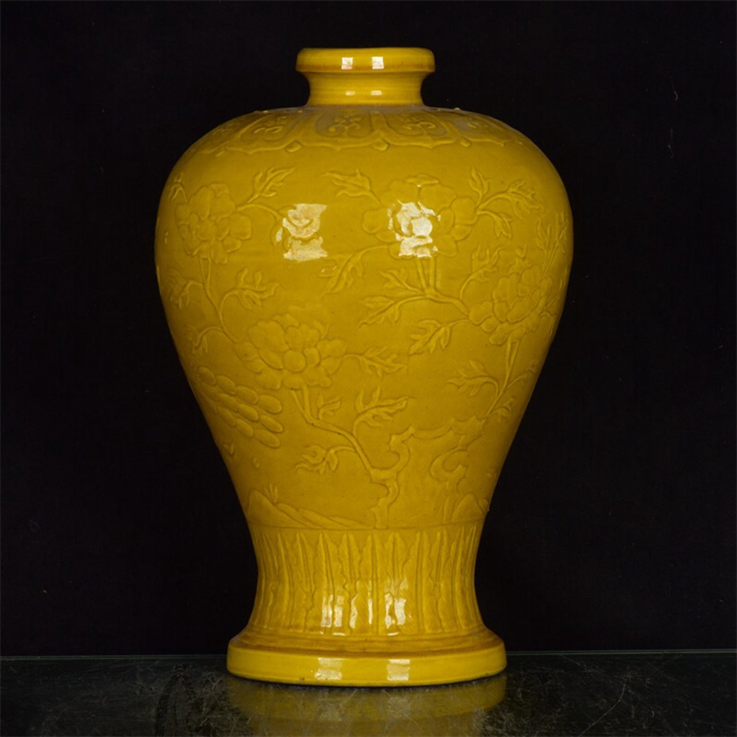 Chinese antique yellow glazed flower and bird patterned plum vase