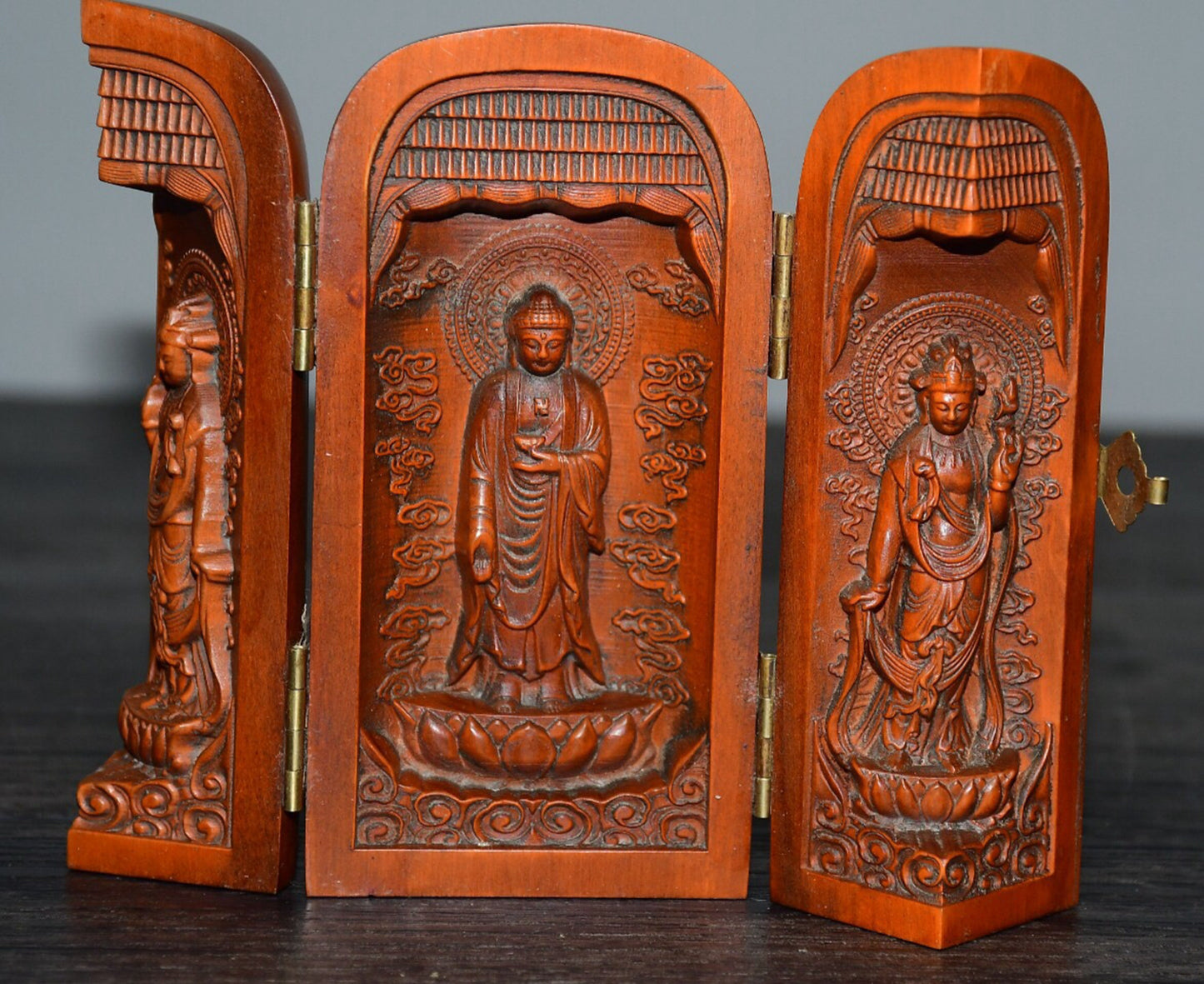 Chinese Antique Huangyangmu Western Three Saints Three Open Box Decoration