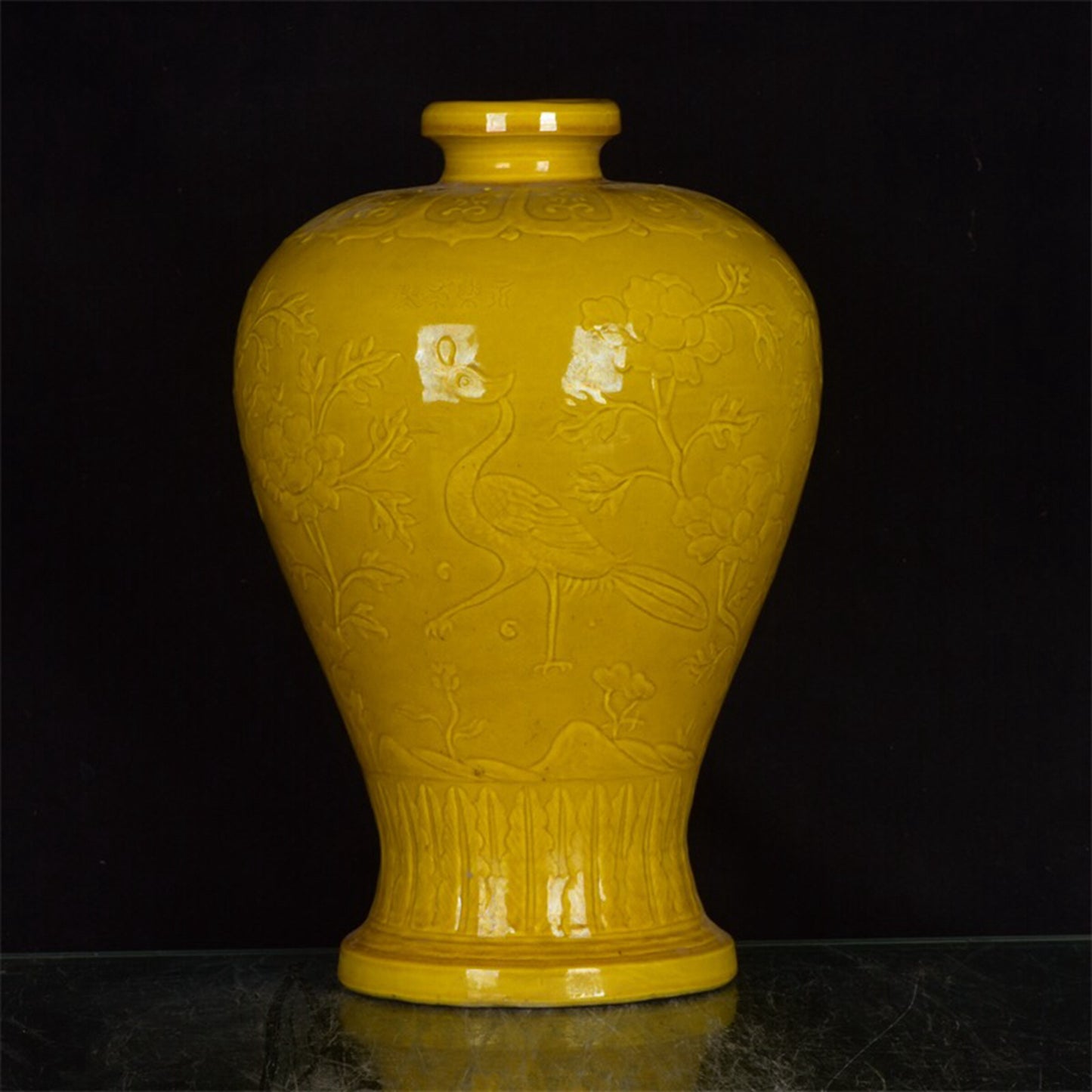 Chinese antique yellow glazed flower and bird patterned plum vase