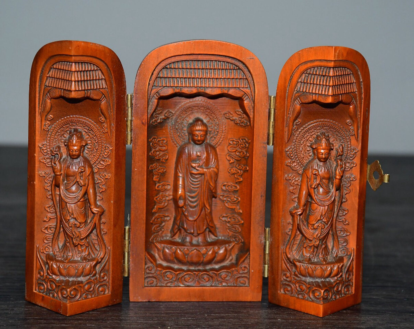 Chinese Antique Huangyangmu Western Three Saints Three Open Box Decoration