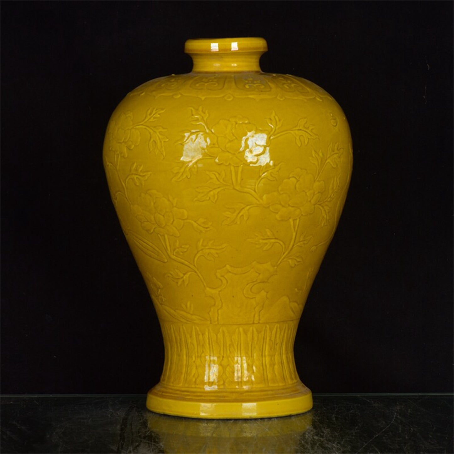 Chinese antique yellow glazed flower and bird patterned plum vase