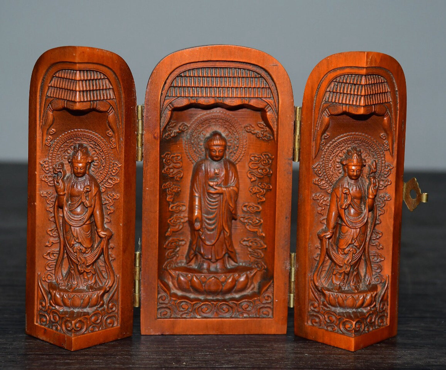 Chinese Antique Huangyangmu Western Three Saints Three Open Box Decoration