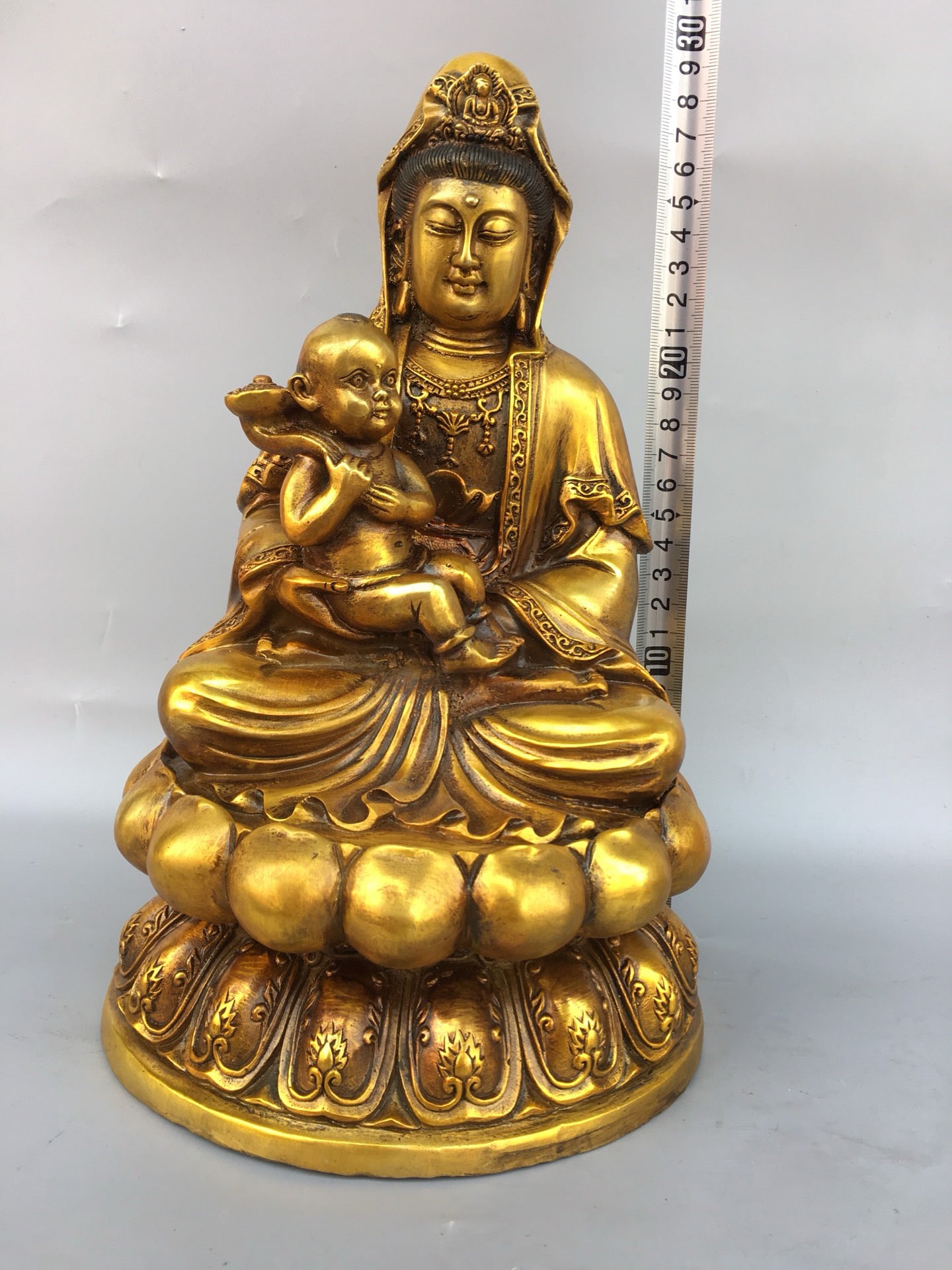 Chinese antique pure copper statue of Guanyin Bodhisattva giving birth