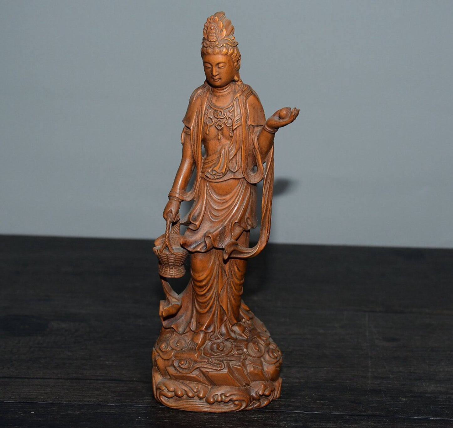 Chinese antique boxwood basket Guanyin ornament