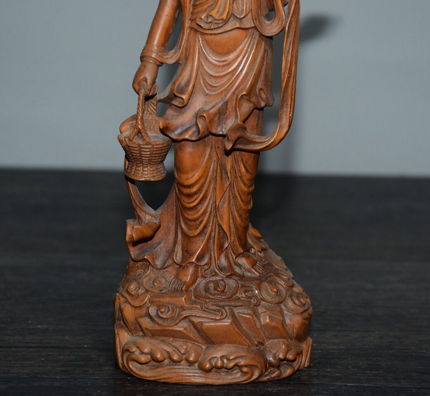 Chinese antique boxwood basket Guanyin ornament