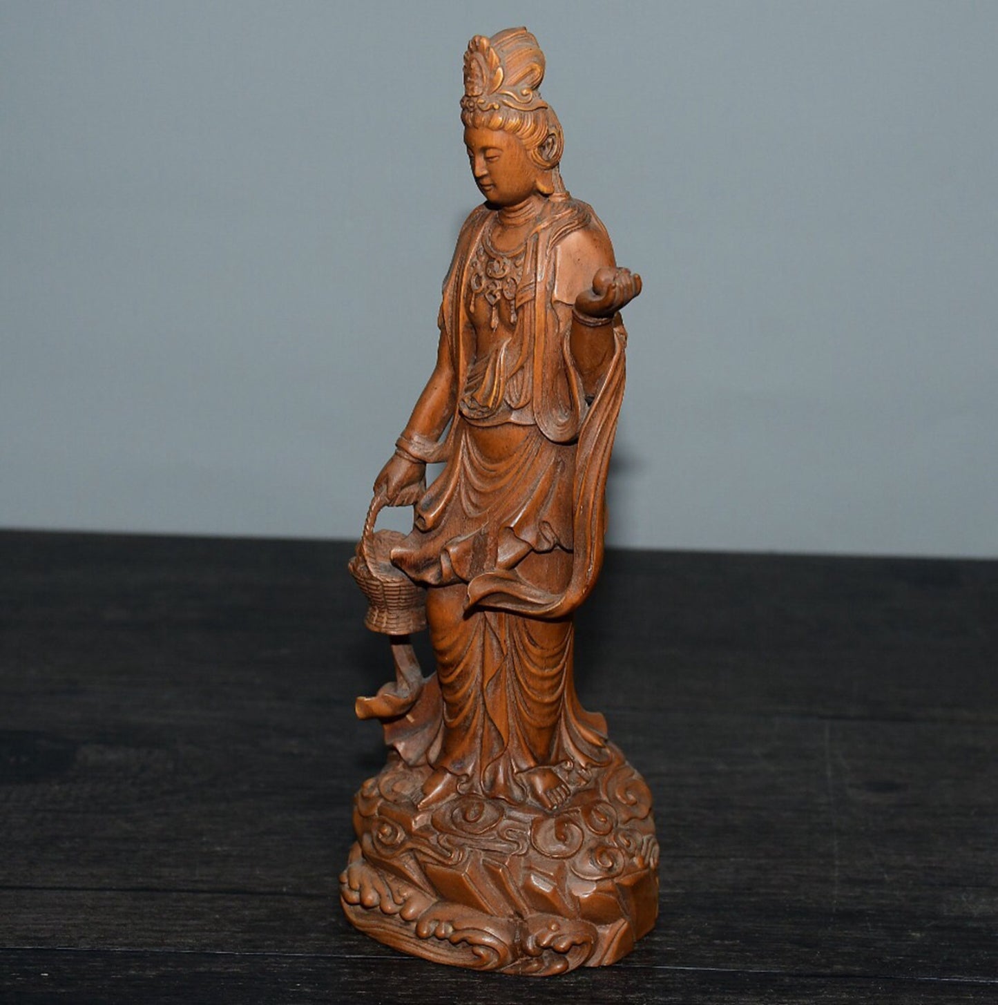 Chinese antique boxwood basket Guanyin ornament