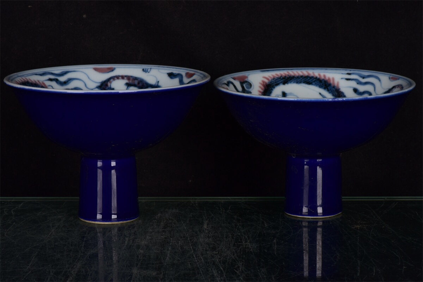 Chinese antique blue and white glazed red dragon patterned high footed bowl