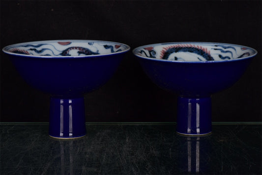 Chinese antique blue and white glazed red dragon patterned high footed bowl