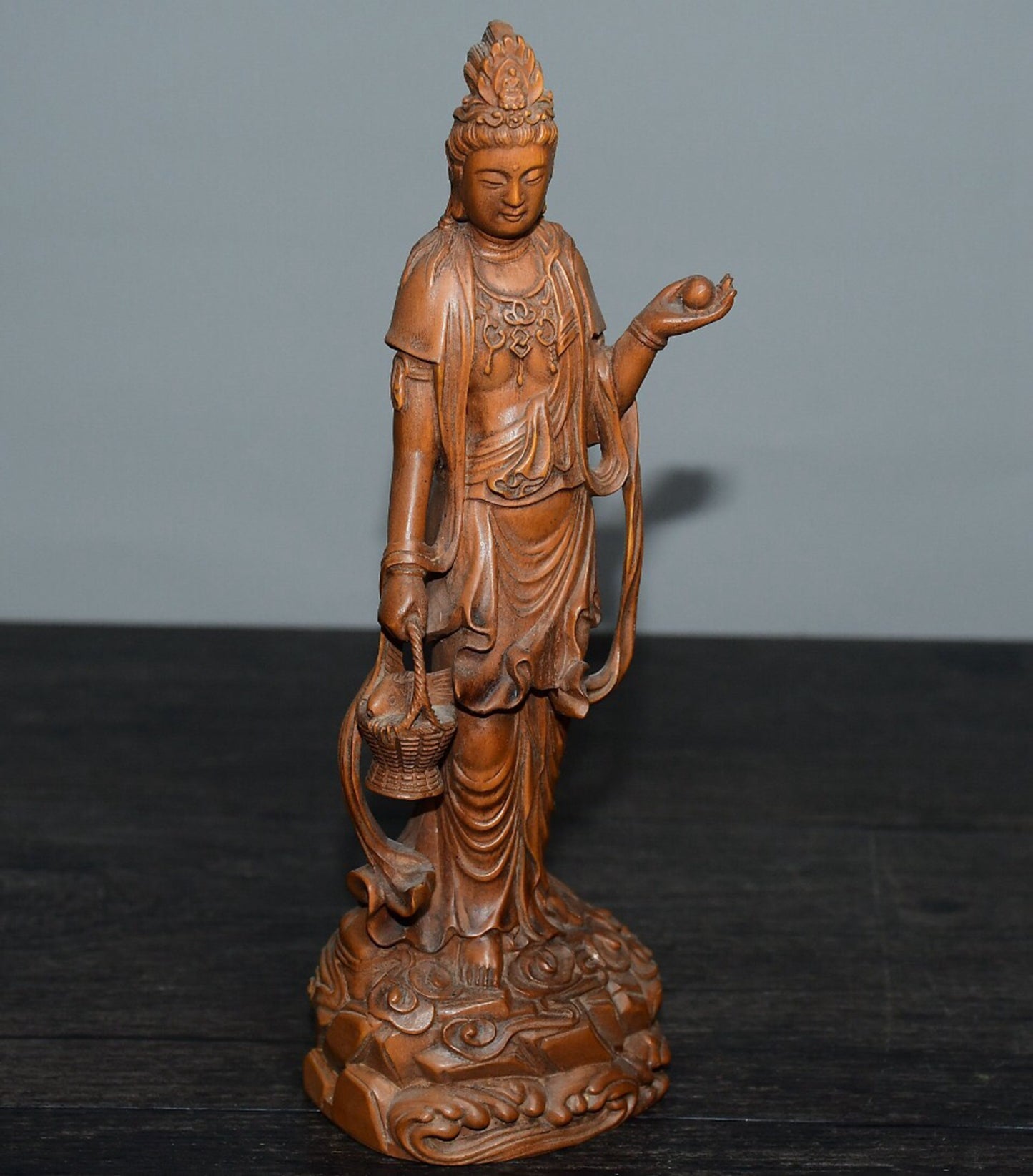 Chinese antique boxwood basket Guanyin ornament