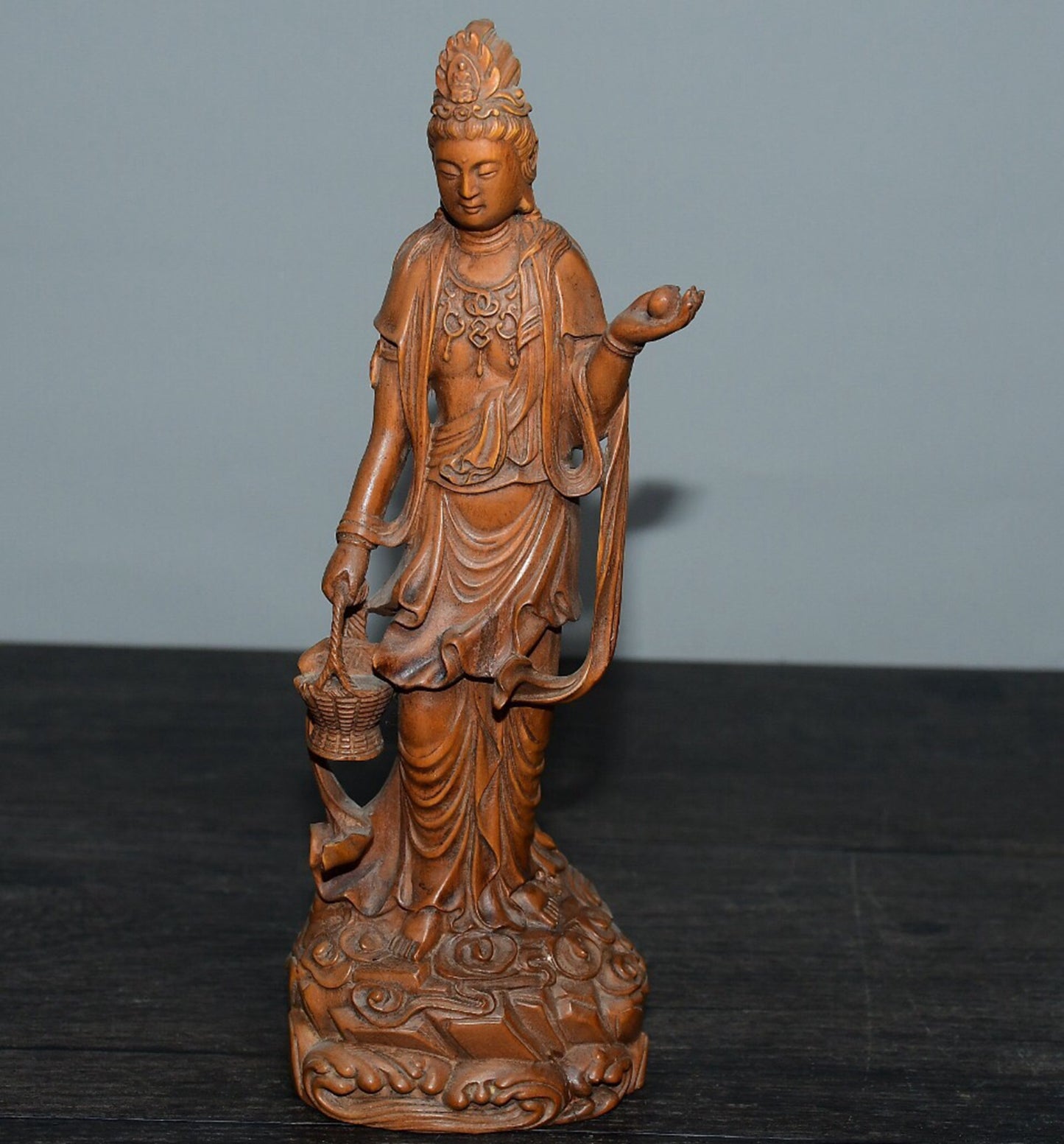 Chinese antique boxwood basket Guanyin ornament