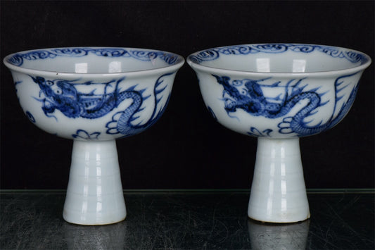 Chinese antique blue and white dragon patterned high footed bowl