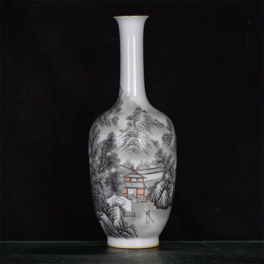 Chinese antique ink colored mountain and water patterned long necked bottle