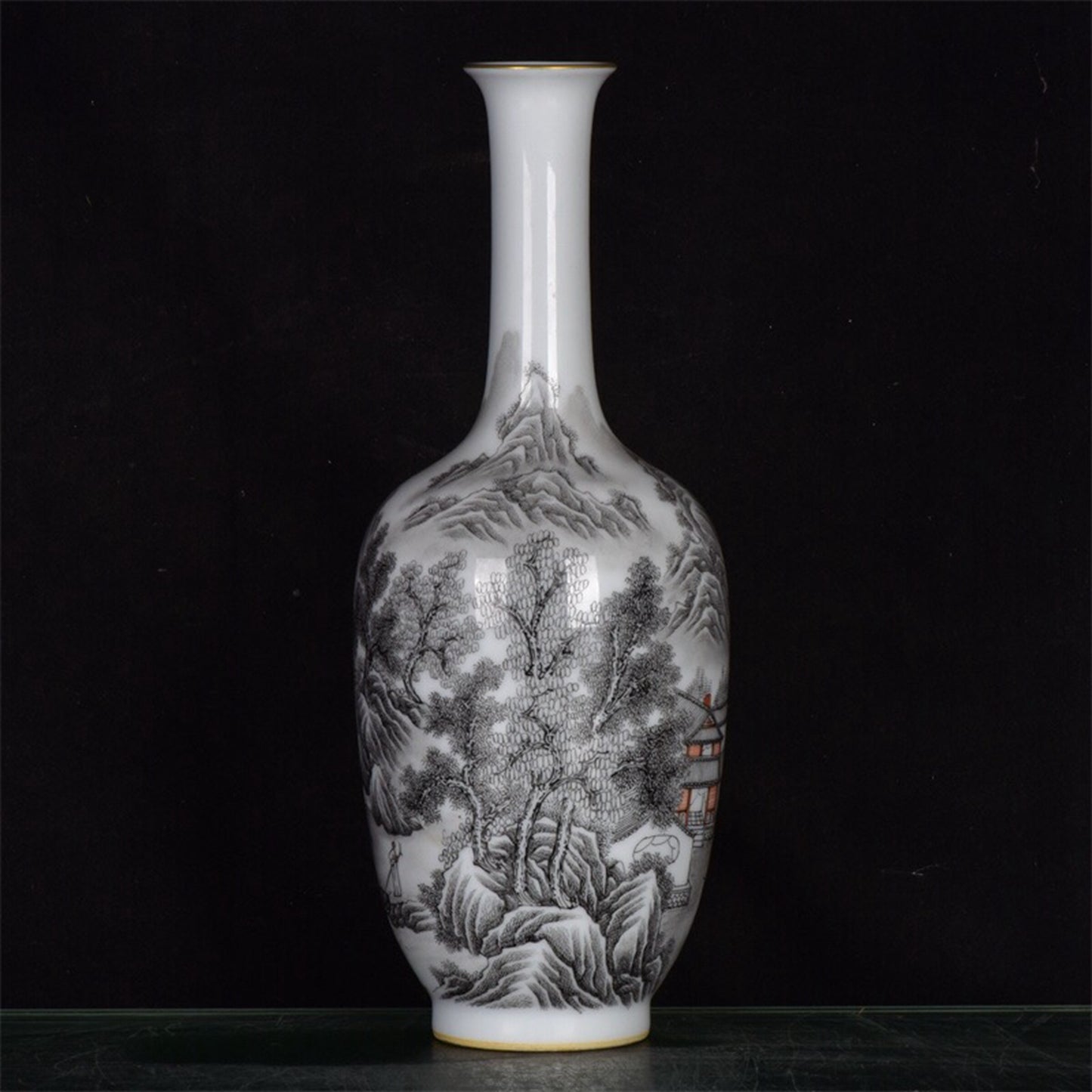 Chinese antique ink colored mountain and water patterned long necked bottle