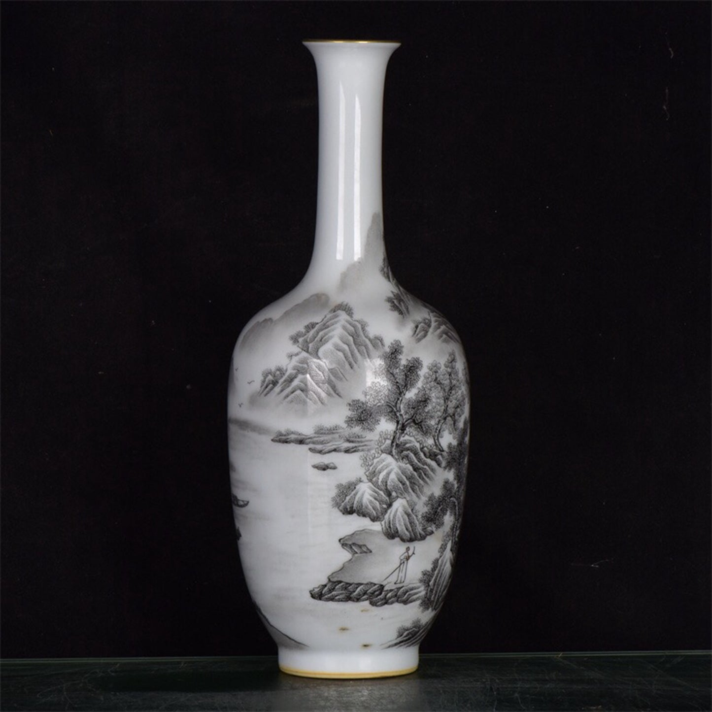 Chinese antique ink colored mountain and water patterned long necked bottle