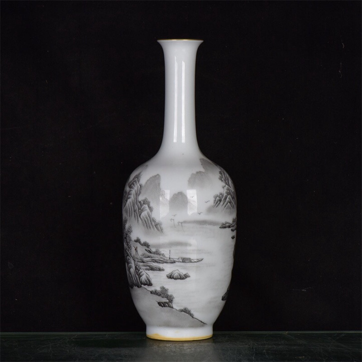 Chinese antique ink colored mountain and water patterned long necked bottle